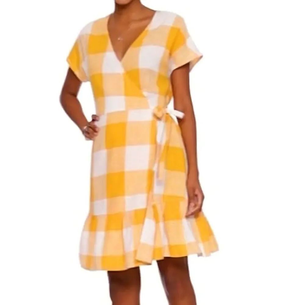 Old Navy Dress Women's XL Yellow Gingham Check Wrap Short Sleeve Ruffle